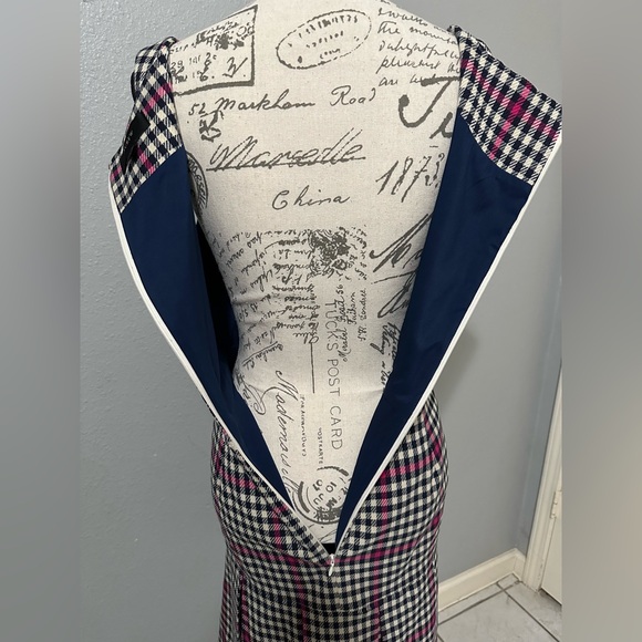 J.Crew Scoop neck Fit Flare Dress 8 Herringbone Twill Tall Lined Navy Pleated - Picture 9 of 13